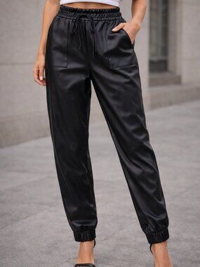 Ci Sono Black Leather-Look Elastic Waist Pant, Sz L, patch pockets, vegan